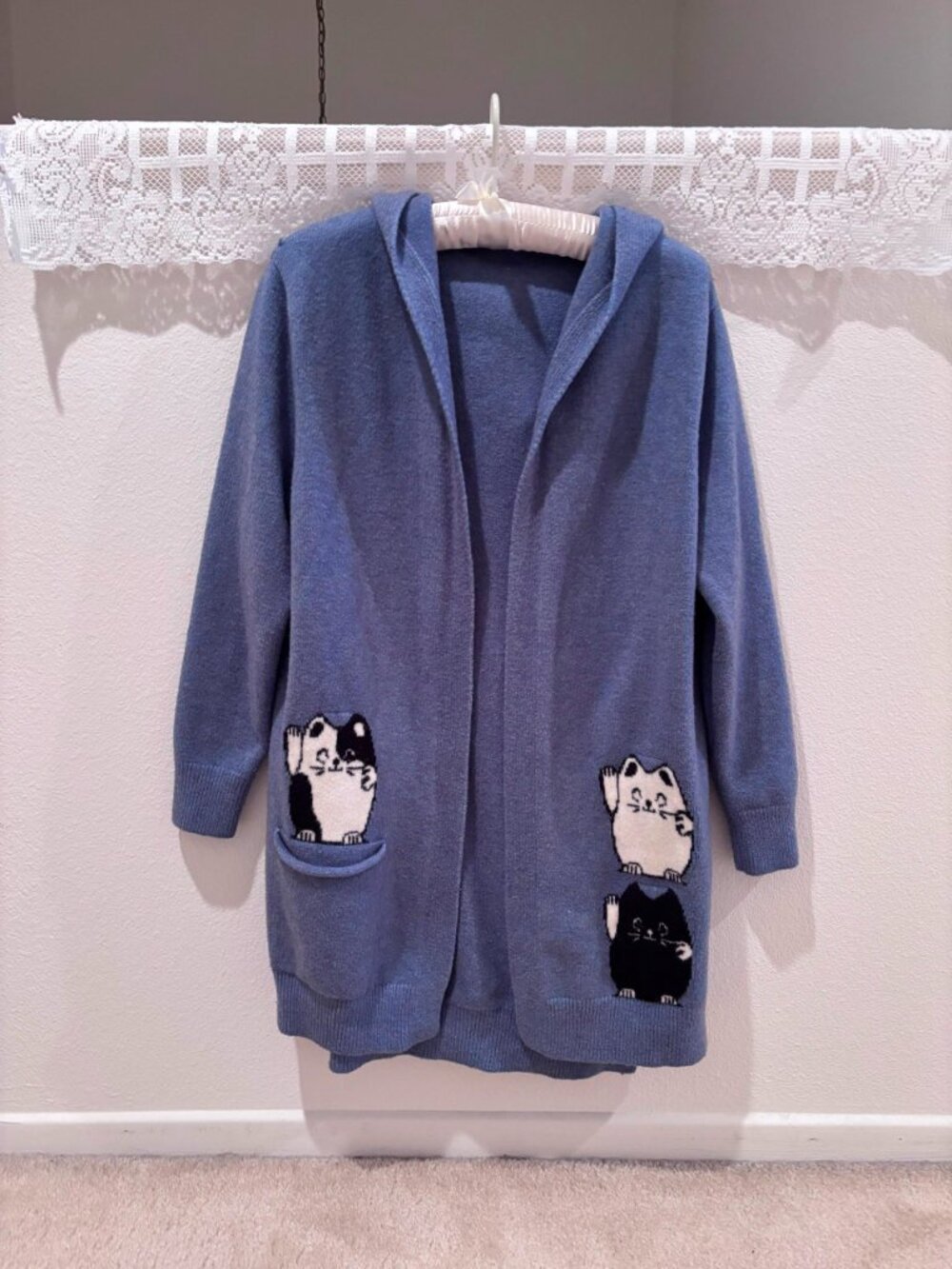 Blue Cat Pocket Hooded Cardigan Sweater Kawaii Cottagecore Cat Lover Size M-L